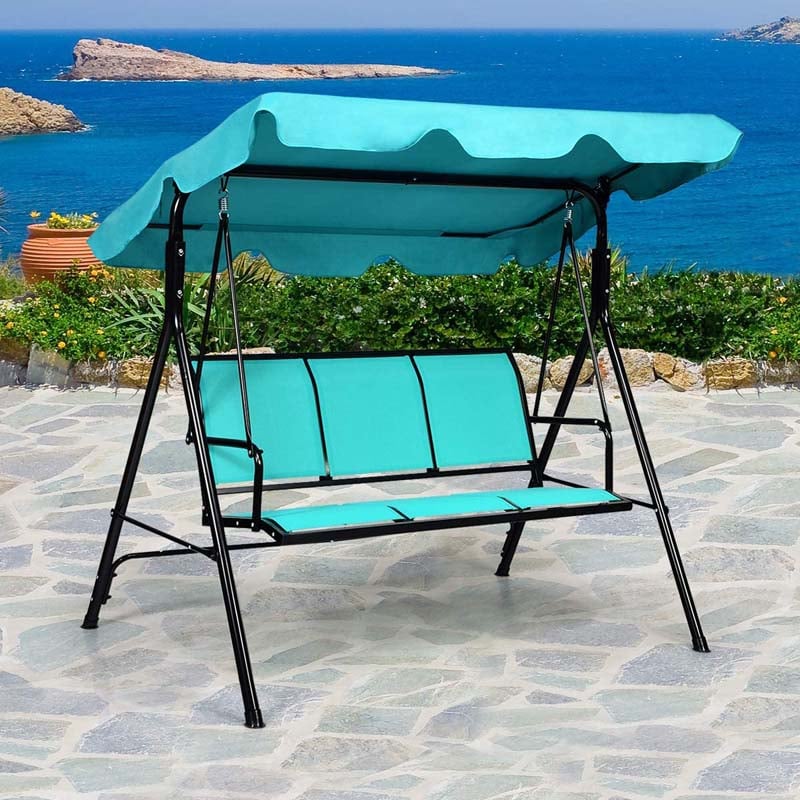 3-Person Patio Porch Swing with Adjustable Canopy, All-Weather Steel Frame Canopy Swing Bench for Garden, Poolside, Balcony
