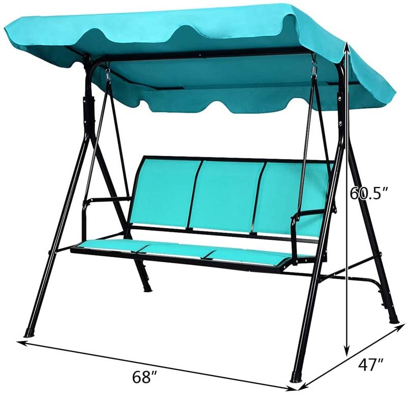 3-Person Patio Porch Swing with Adjustable Canopy, All-Weather Steel Frame Canopy Swing Bench for Garden, Poolside, Balcony
