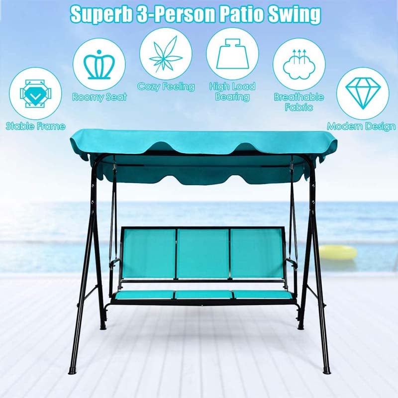 3-Person Patio Porch Swing with Adjustable Canopy, All-Weather Steel Frame Canopy Swing Bench for Garden, Poolside, Balcony