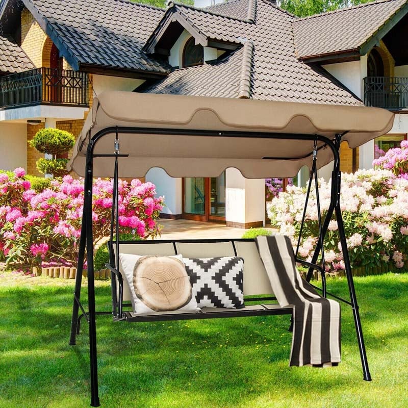 3-Person Patio Porch Swing with Adjustable Canopy, All-Weather Steel Frame Canopy Swing Bench for Garden, Poolside, Balcony