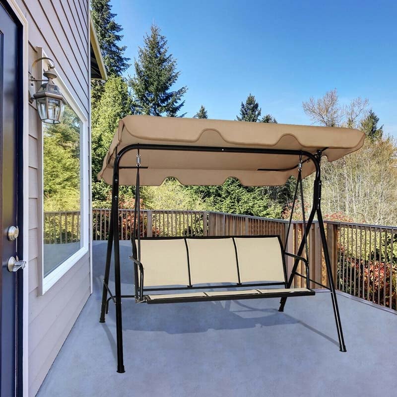 3-Person Patio Porch Swing with Adjustable Canopy, All-Weather Steel Frame Canopy Swing Bench for Garden, Poolside, Balcony