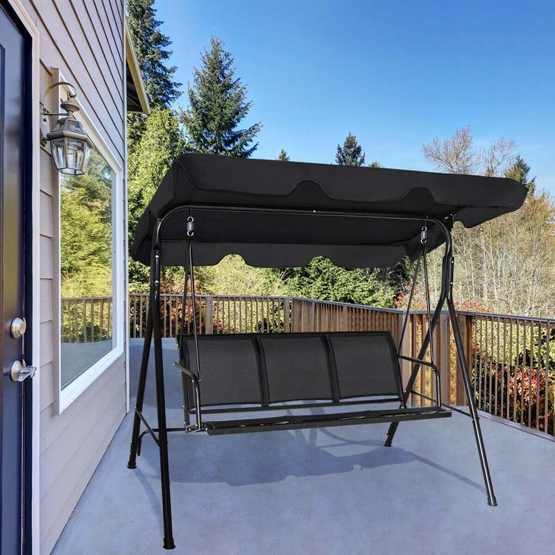 3-Person Patio Porch Swing with Adjustable Canopy, All-Weather Steel Frame Canopy Swing Bench for Garden, Poolside, Balcony