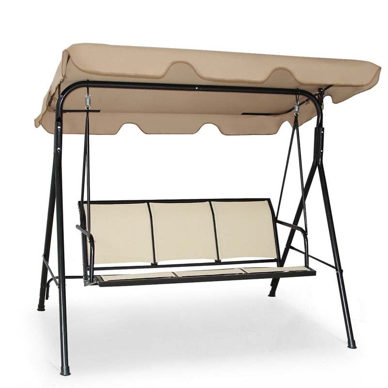 3-Person Patio Porch Swing with Adjustable Canopy, All-Weather Steel Frame Canopy Swing Bench for Garden, Poolside, Balcony