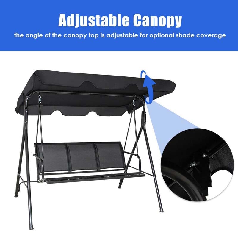 3-Person Patio Porch Swing with Adjustable Canopy, All-Weather Steel Frame Canopy Swing Bench for Garden, Poolside, Balcony