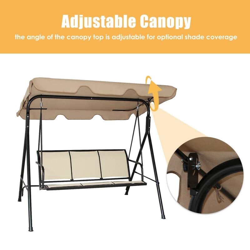 3-Person Patio Porch Swing with Adjustable Canopy, All-Weather Steel Frame Canopy Swing Bench for Garden, Poolside, Balcony