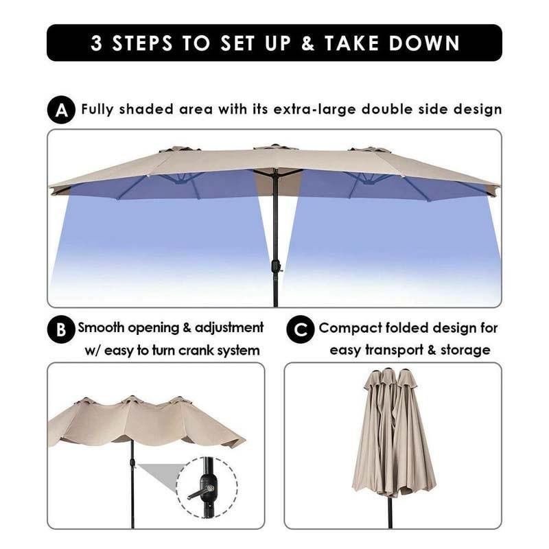 15FT Double-Sided Outdoor Patio Umbrella with Crank, Extra Large 12 Ribs Steel Market Umbrella for Poolside, Deck & Backyard
