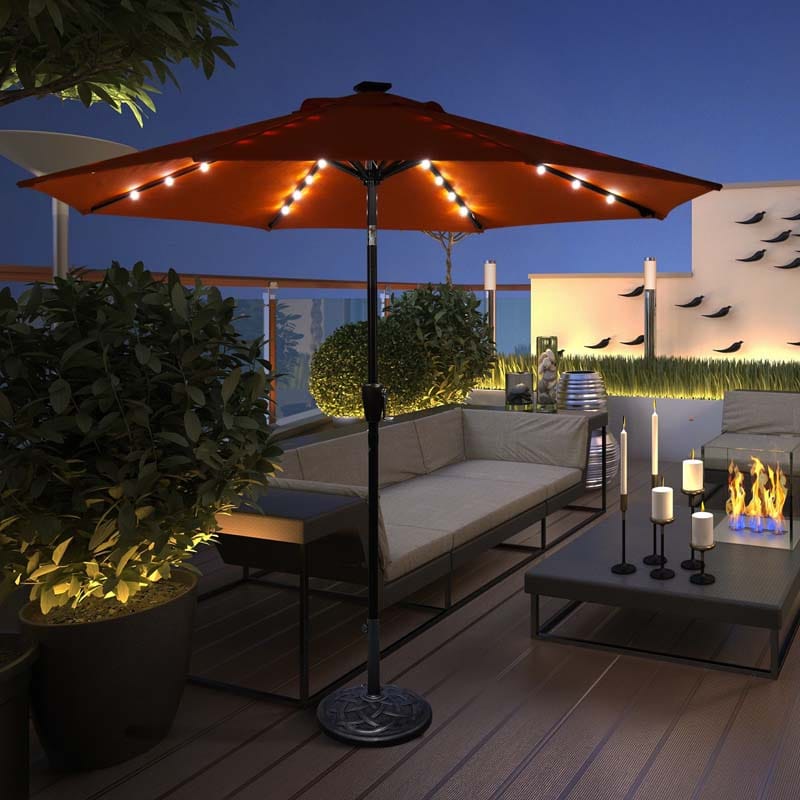 9FT Tilt Outdoor Patio Umbrella with 18 Solar LED Lights & Crank, Table Umbrella for Pool Deck Backyard