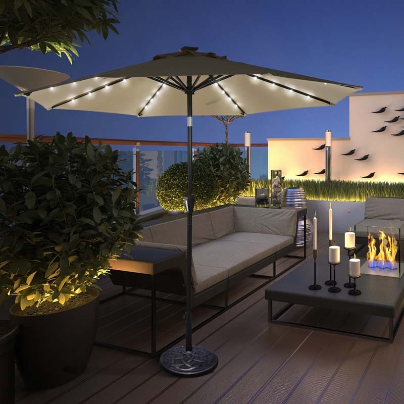 9FT Tilt Outdoor Patio Umbrella with 18 Solar LED Lights & Crank, Table Umbrella for Pool Deck Backyard