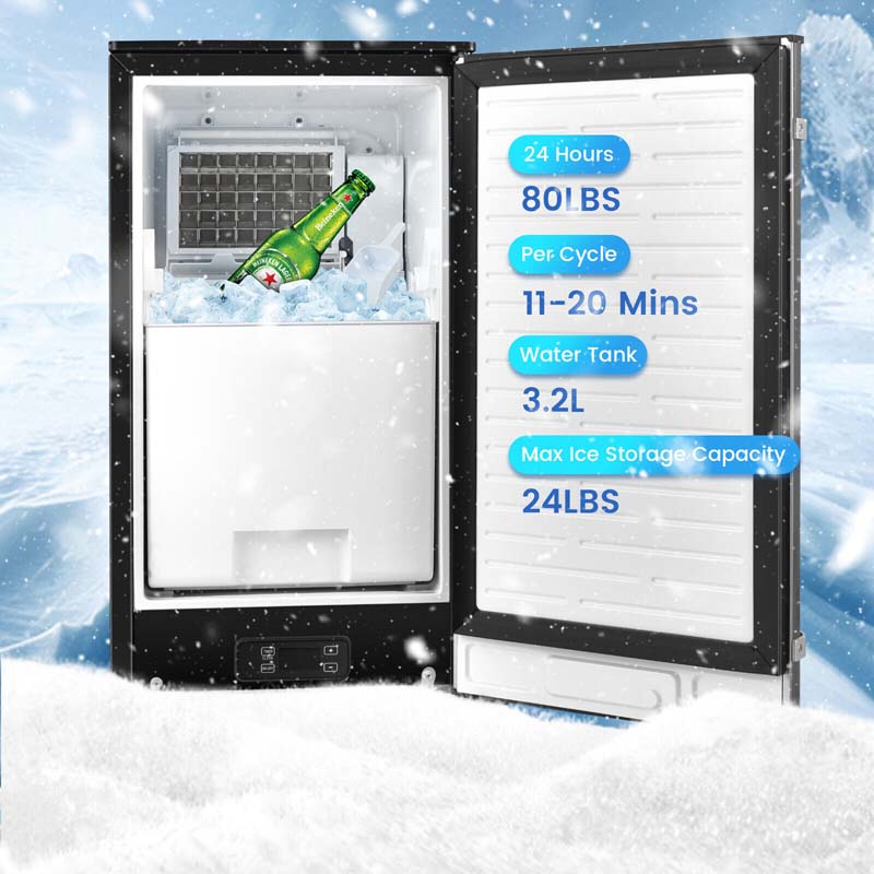 80LBS/24H Commercial Ice Maker, 115V Stainless Steel Undercounter Ice Maker Machine with Drain Pump, 25LBS Ice Bin & Self-Cleaning Function