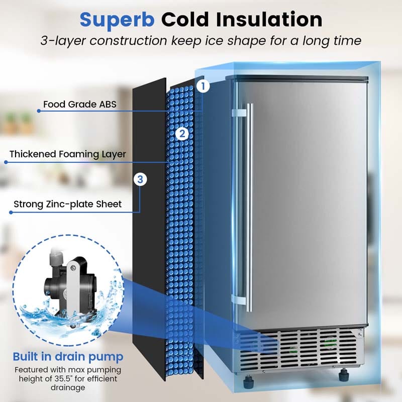 80LBS/24H Commercial Ice Maker, 115V Stainless Steel Undercounter Ice Maker Machine with Drain Pump, 25LBS Ice Bin & Self-Cleaning Function