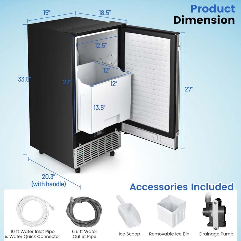 80LBS/24H Commercial Ice Maker, 115V Stainless Steel Undercounter Ice Maker Machine with Drain Pump, 25LBS Ice Bin & Self-Cleaning Function