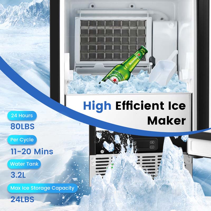 80LBS/24H Commercial Ice Maker, 115V Stainless Steel Undercounter Ice Maker Machine with Drain Pump, 25LBS Ice Bin & Self-Cleaning Function