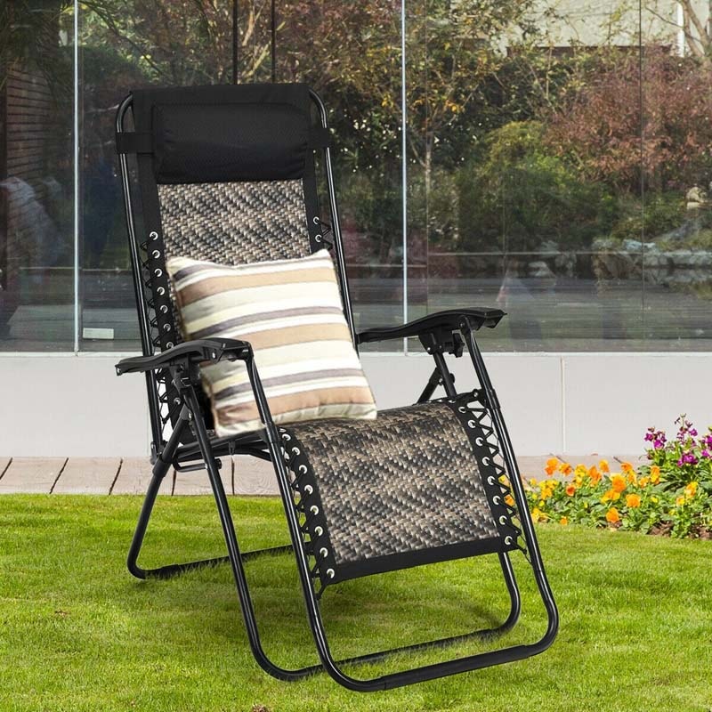 Rattan Folding Zero Gravity Lounge Chair Outdoor with Removable Pillow, Locking System, Adjustable Portable Patio Armchair