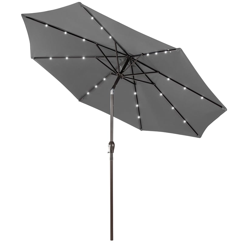 10FT Patio Umbrella with Solar LED Lights & Crank, Easy Tilt Outdoor Market Umbrella for Backyard, Poolside, Deck