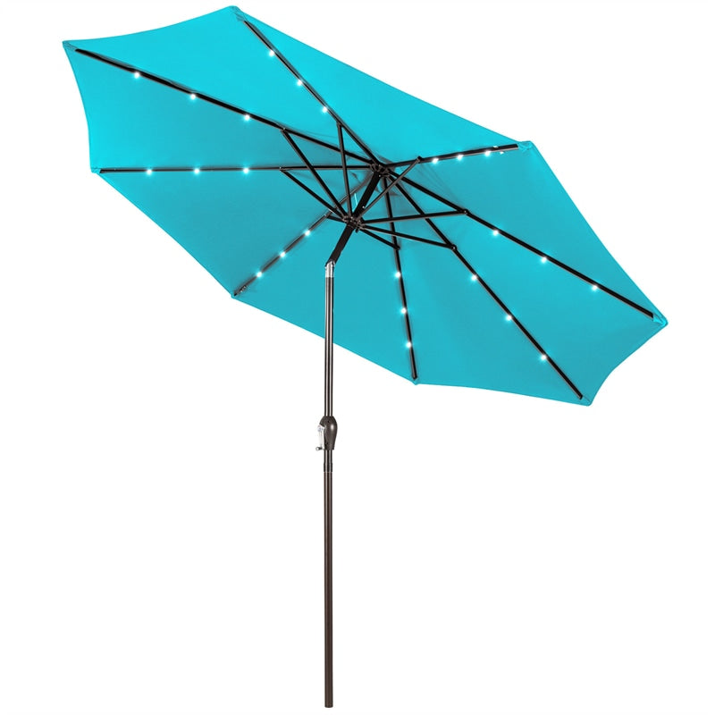 10FT Patio Umbrella with Solar LED Lights & Crank, Easy Tilt Outdoor Market Umbrella for Backyard, Poolside, Deck