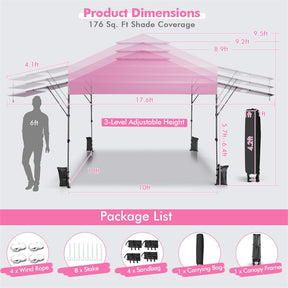 10 x 17.6 FT Outdoor Instant Pop-up Canopy Tent for Market Picnic with Dual Half Awnings & Wheeled Bag