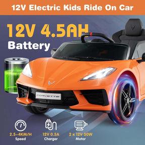 12V Licensed Chevrolet Corvette C8 Kids Ride On Car, Electric Toy Car with Remote Control, 4-Wheel Spring Suspension