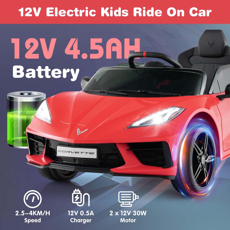 12V Licensed Chevrolet Corvette C8 Kids Ride On Car, Electric Toy Car with Remote Control, 4-Wheel Spring Suspension