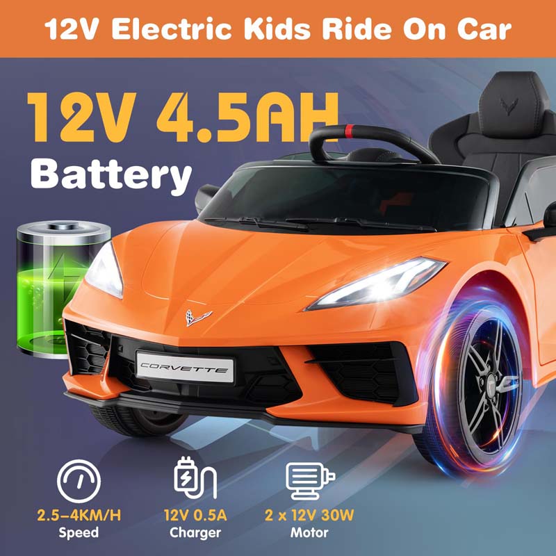 12V Licensed Chevrolet Corvette C8 Kids Ride On Car, Electric Toy Car with Remote Control, 4-Wheel Spring Suspension