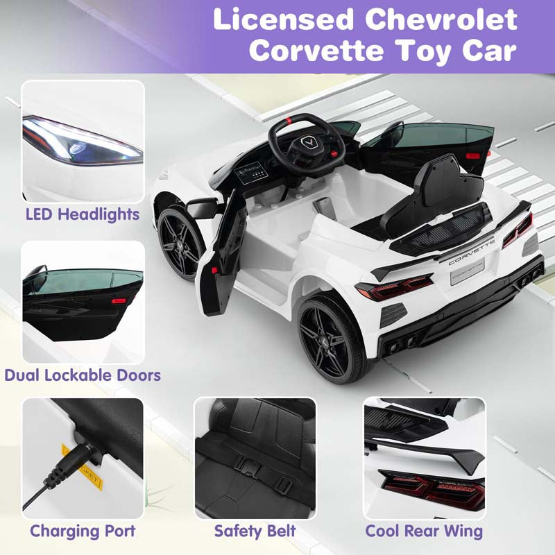 12V Licensed Chevrolet Corvette C8 Kids Ride On Car, Electric Toy Car with Remote Control, 4-Wheel Spring Suspension