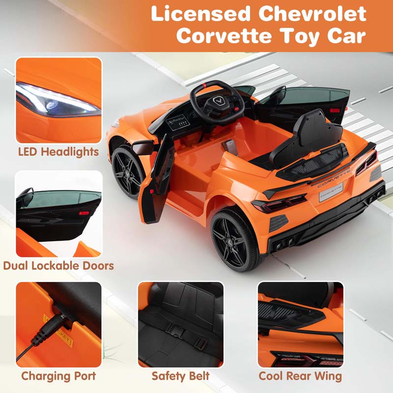 12V Licensed Chevrolet Corvette C8 Kids Ride On Car, Electric Toy Car with Remote Control, 4-Wheel Spring Suspension