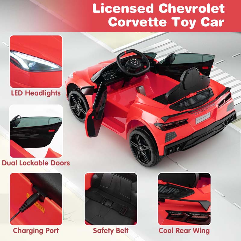 12V Licensed Chevrolet Corvette C8 Kids Ride On Car, Electric Toy Car with Remote Control, 4-Wheel Spring Suspension