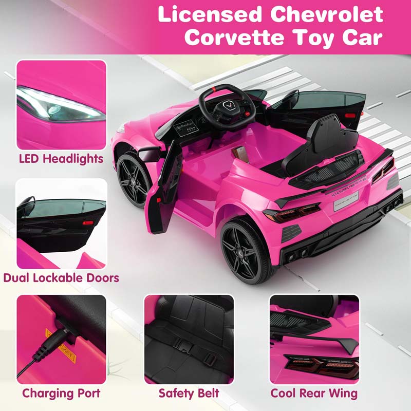 12V Licensed Chevrolet Corvette C8 Kids Ride On Car, Electric Toy Car with Remote Control, 4-Wheel Spring Suspension