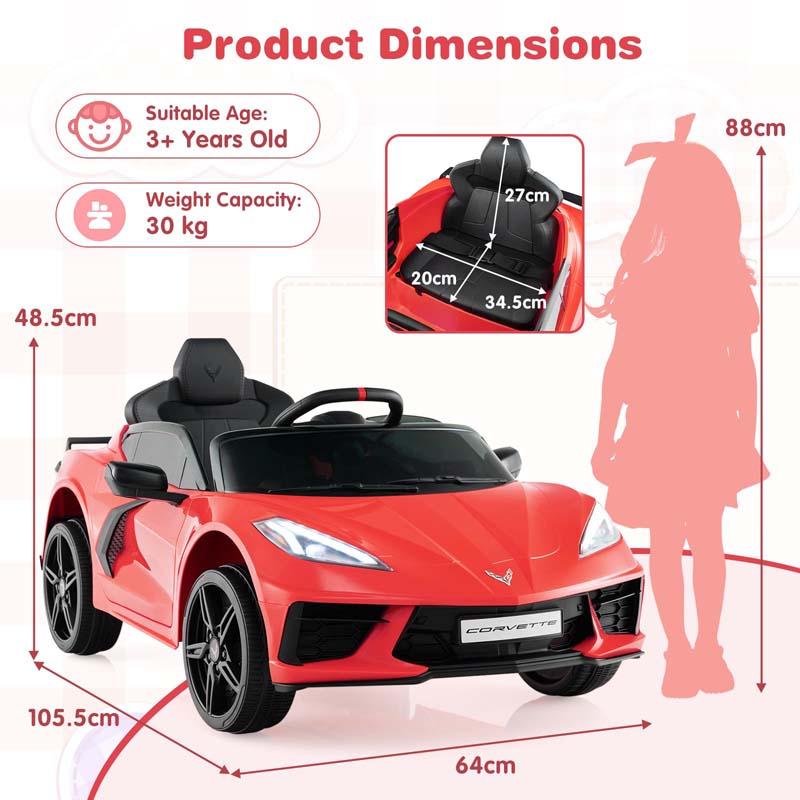 12V Licensed Chevrolet Corvette C8 Kids Ride On Car, Electric Toy Car with Remote Control, 4-Wheel Spring Suspension