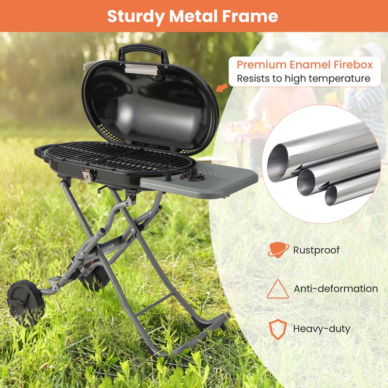 15,000 BTU Folding Stand-Up Gas Grill for Outdoor Cooking Camping, Portable Propane BBQ Grill with Side Table, 2 Wheels, Grease Tray