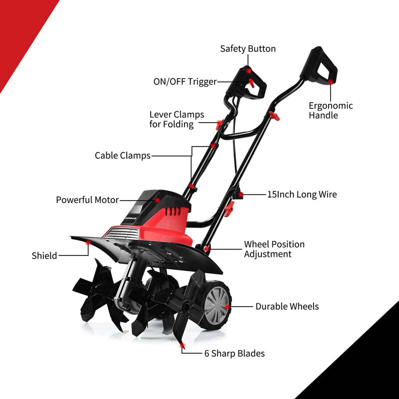 14/17-Inch Electric Tiller Cultivator, Powerful Tillers w/9-Inch Tilling Depth, 4/6 Tines, Rototillers Tool for Garden Lawn Soil Digging