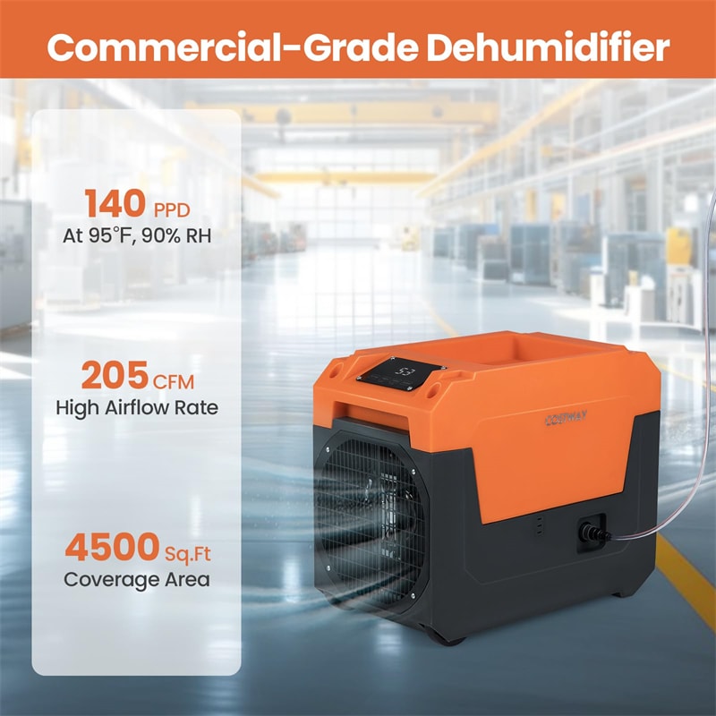 140 Pints Commercial Dehumidifier with Pump & Drain Hose, Portable Industrial Dehumidifier for 1800 Sq.Ft, Basements, Water Damage, Job Sites