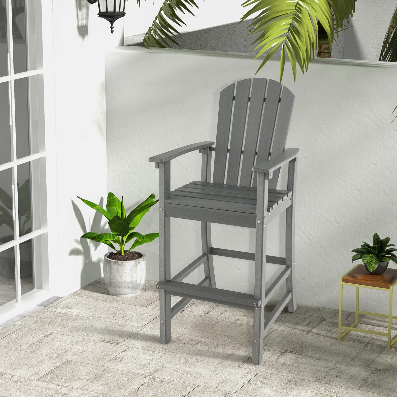 Outdoor HDPE Tall Adirondack Chairs with Armrests & Footrest, 30" Counter Height Bar Stools for Garden Backyard