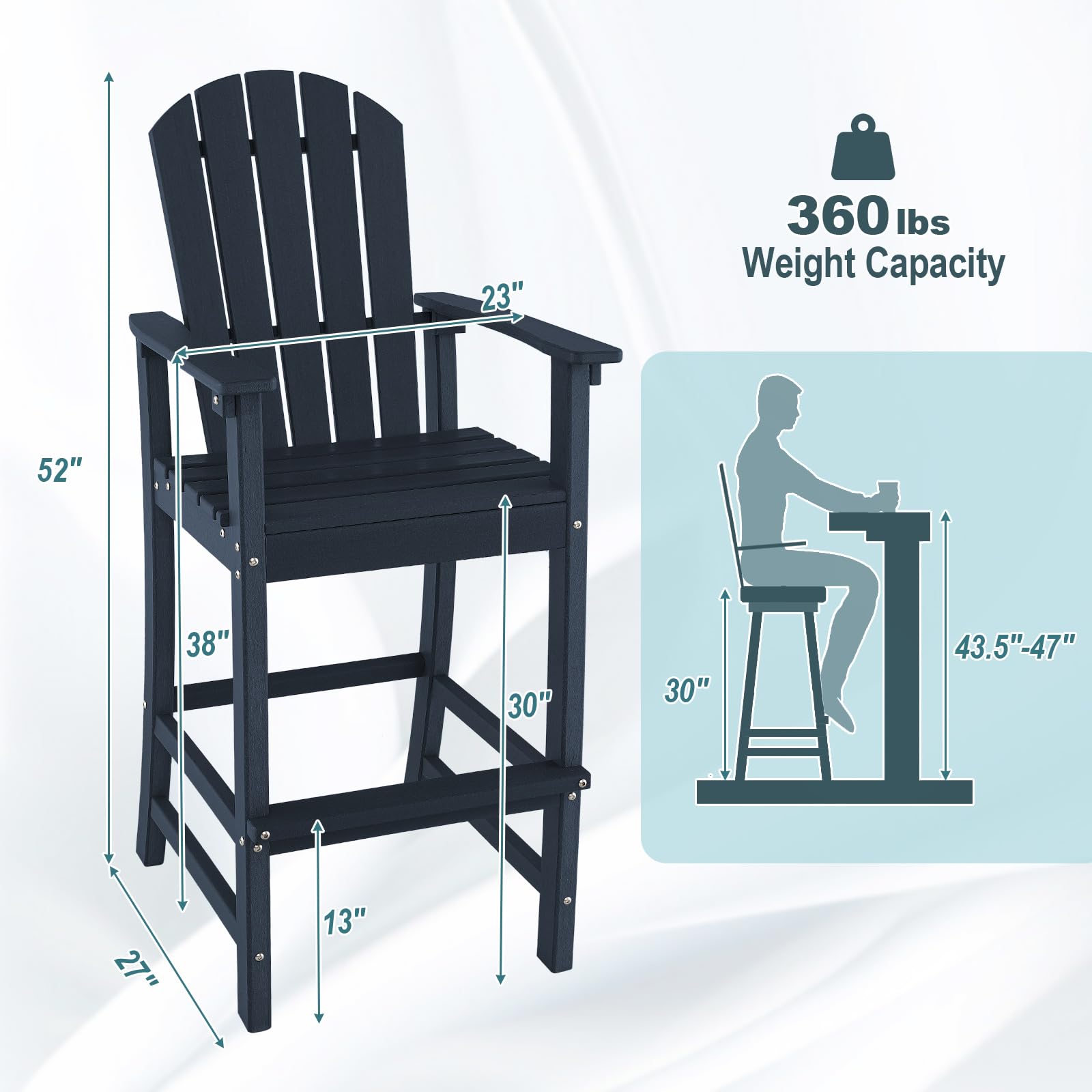 Outdoor HDPE Tall Adirondack Chairs with Armrests & Footrest, 30" Counter Height Bar Stools for Garden Backyard