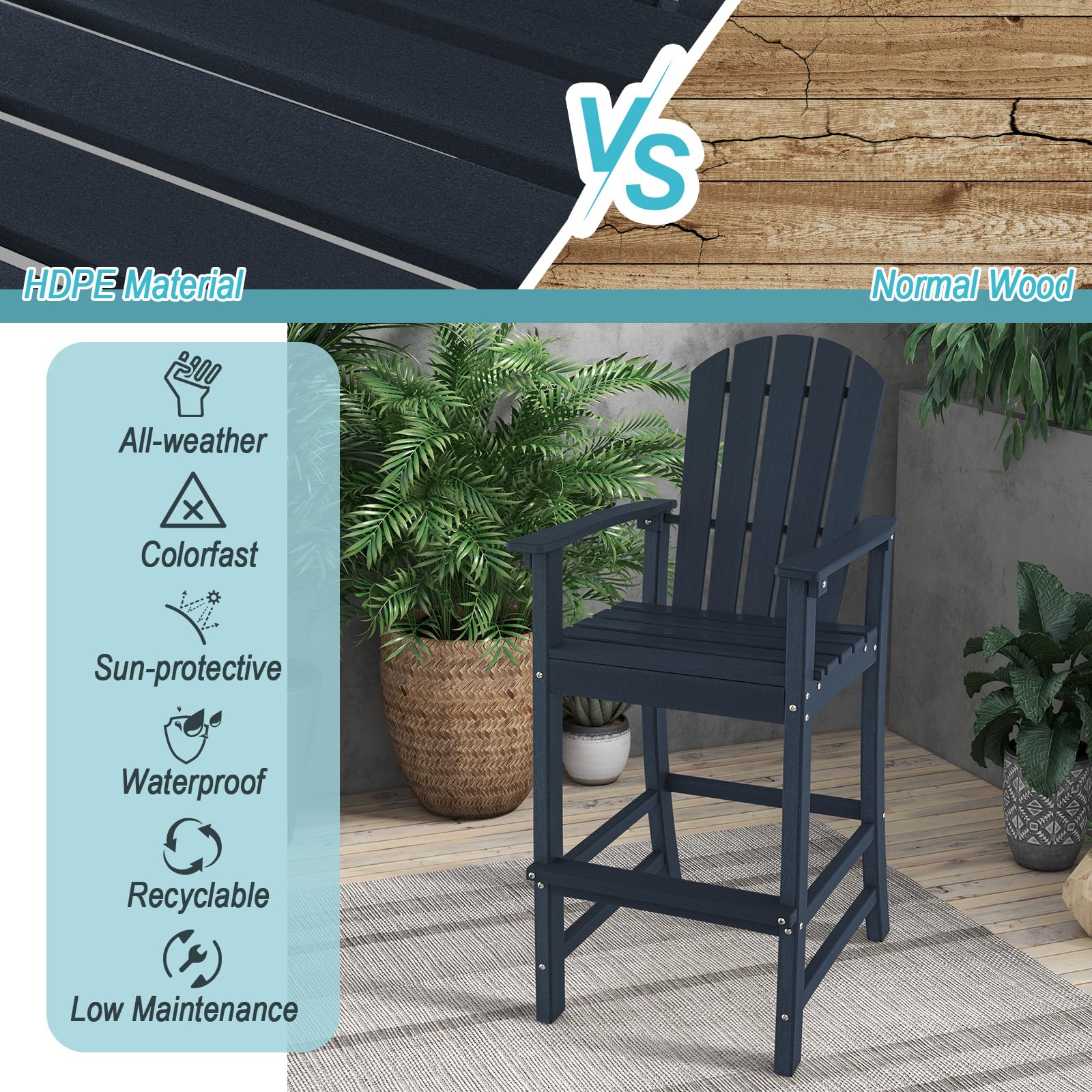 Outdoor HDPE Tall Adirondack Chairs with Armrests & Footrest, 30" Counter Height Bar Stools for Garden Backyard