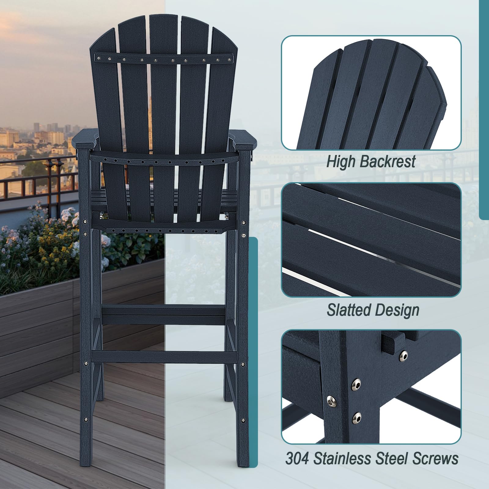 Outdoor HDPE Tall Adirondack Chairs with Armrests & Footrest, 30" Counter Height Bar Stools for Garden Backyard