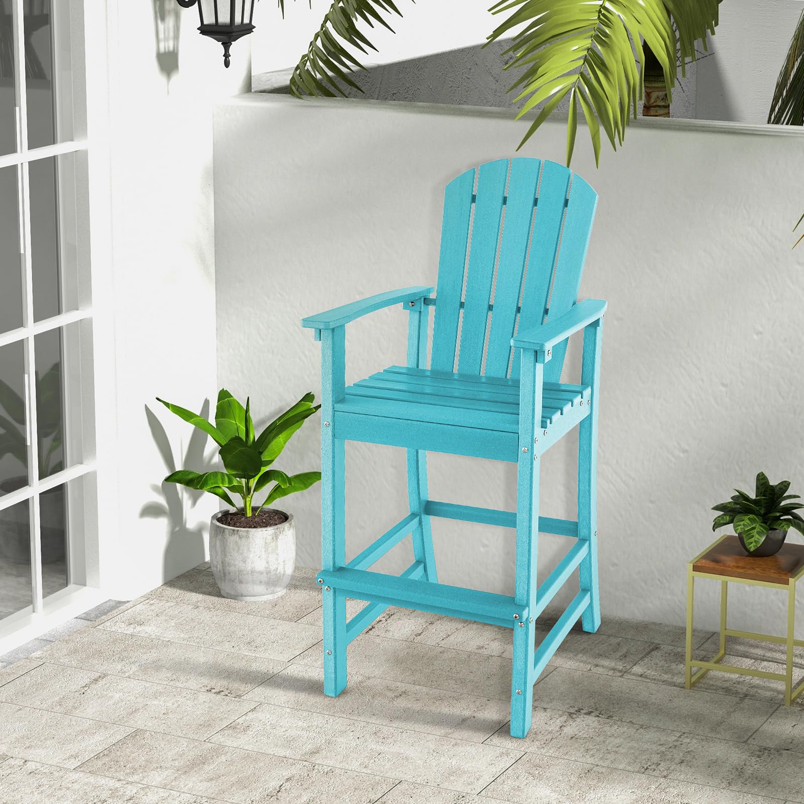 Outdoor HDPE Tall Adirondack Chairs with Armrests & Footrest, 30" Counter Height Bar Stools for Garden Backyard