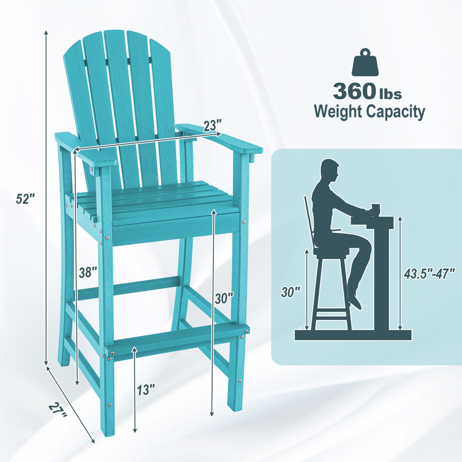 Outdoor HDPE Tall Adirondack Chairs with Armrests & Footrest, 30" Counter Height Bar Stools for Garden Backyard