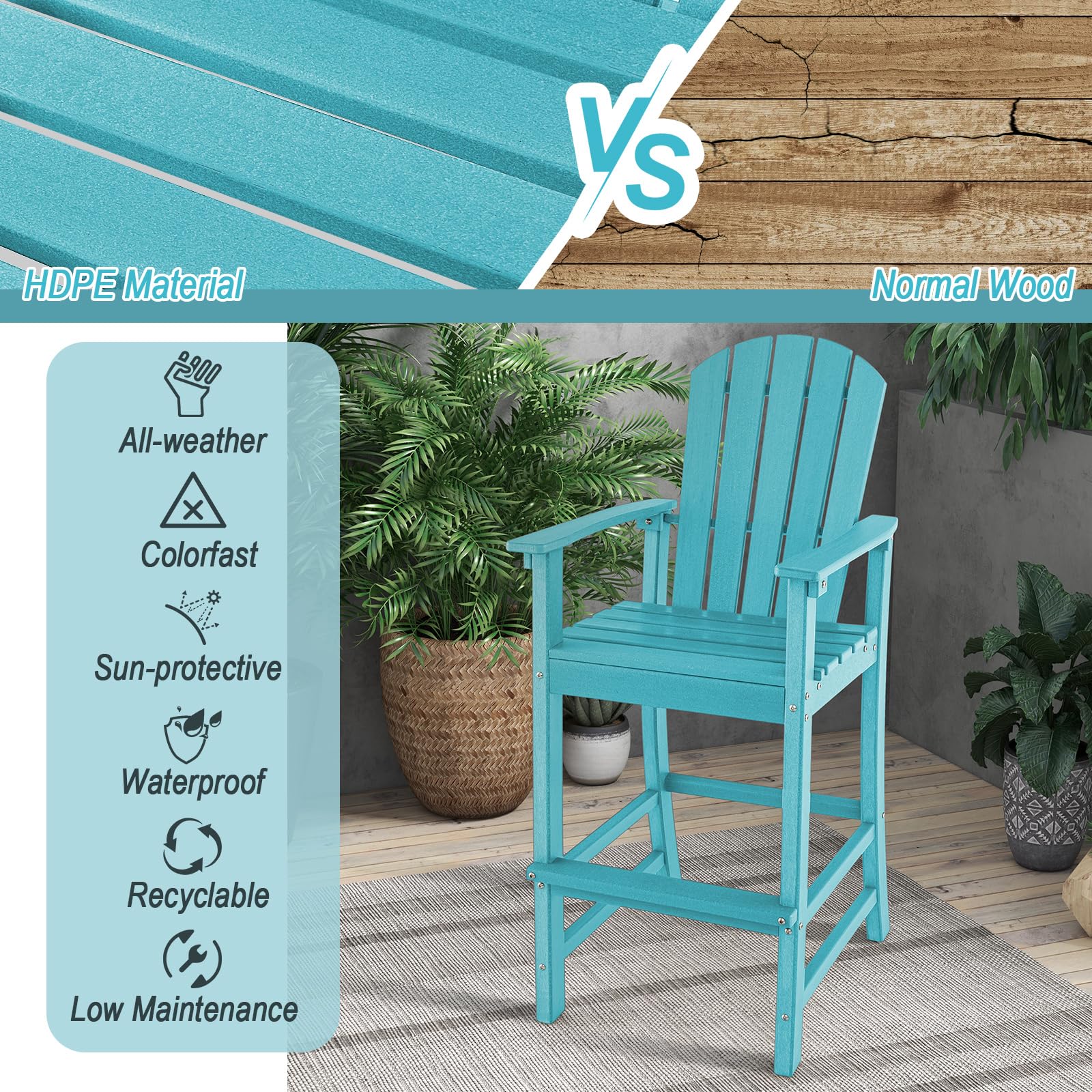 Outdoor HDPE Tall Adirondack Chairs with Armrests & Footrest, 30" Counter Height Bar Stools for Garden Backyard