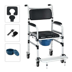 2-in-1 Foldable Shower Commode Wheelchair, Aluminum Alloy Transport Chair Toilet Bedside Wheelchair with Commode