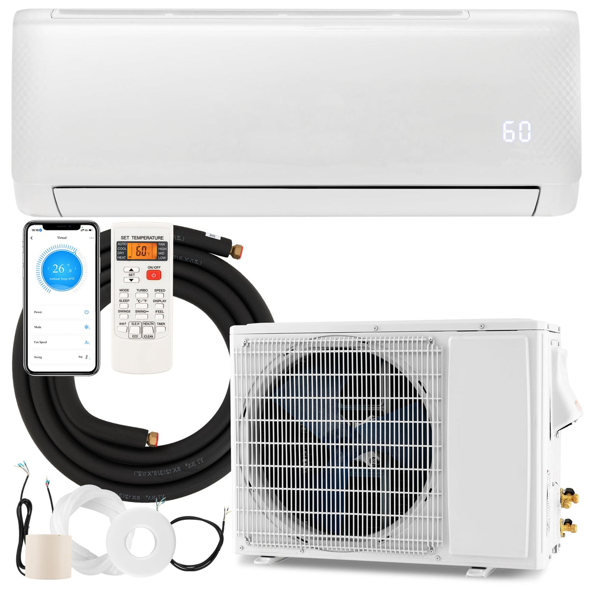 22000 BTU 21 SEER2 Wifi Enabled Mini Split Air Conditioner with 2 Ton Heat Pump, 208-230V Wall-Mounted AC Unit with Ductless Inverter System