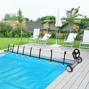 22 FT Solar Pool Cover Reel Set with Hand Crank & Wheels, Aluminum Solar Swimming Inground Cover Blanket Reel Roller