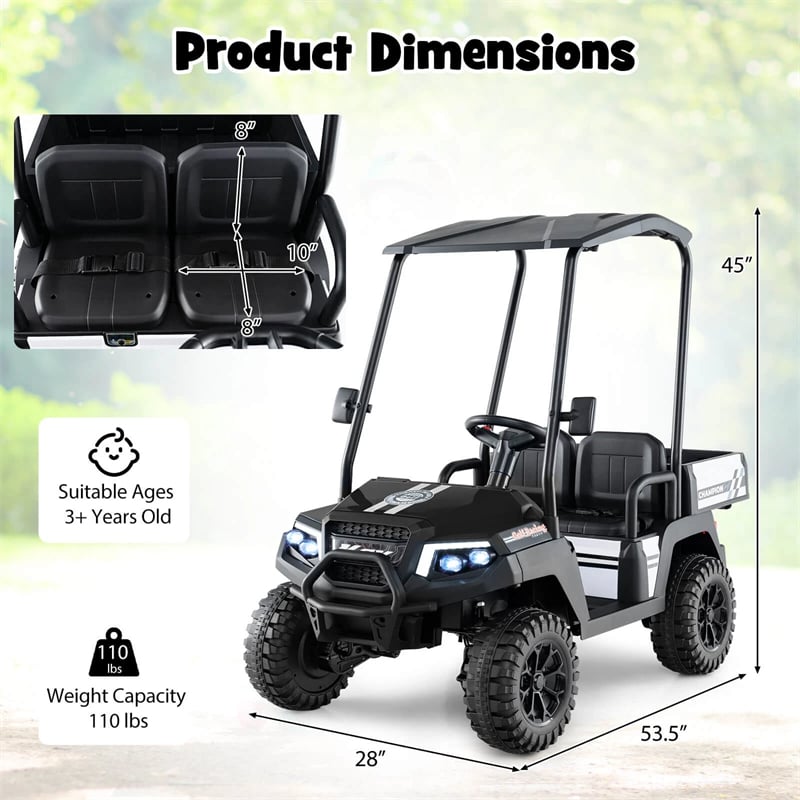 24V 4WD 2-Seater Kids Golf Cart with Sun Shade, Storage Trunk & Remote Control, LED Lights, Electric Ride on Toy Car for Boys Girls Ages 3+