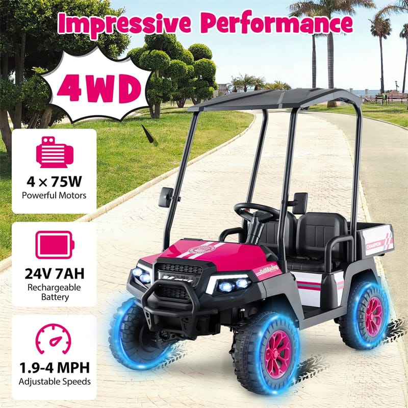 24V 4WD 2-Seater Kids Golf Cart with Sun Shade, Storage Trunk & Remote Control, LED Lights, Electric Ride on Toy Car for Boys Girls Ages 3+