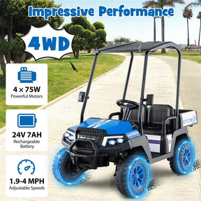 24V 4WD 2-Seater Kids Golf Cart with Sun Shade, Storage Trunk & Remote Control, LED Lights, Electric Ride on Toy Car for Boys Girls Ages 3+