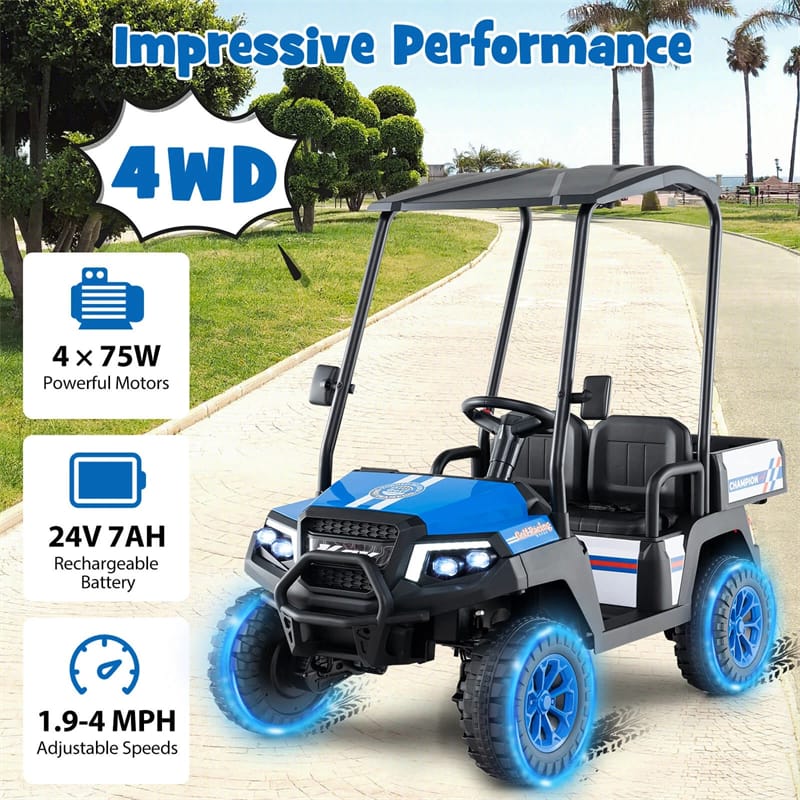 24V 4WD 2-Seater Kids Golf Cart with Sun Shade, Storage Trunk & Remote Control, LED Lights, Electric Ride on Toy Car for Boys Girls Ages 3+