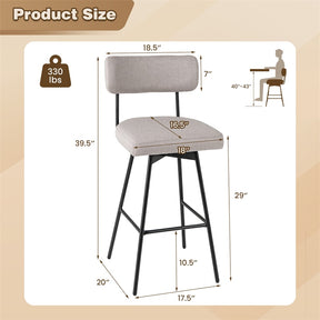 Swivel Bar Stools Set of 2, 29" Upholstered Bar Height Chairs with Back, Heavy-Duty Metal Legs & Footrest for Kitchen Island, Home Bar