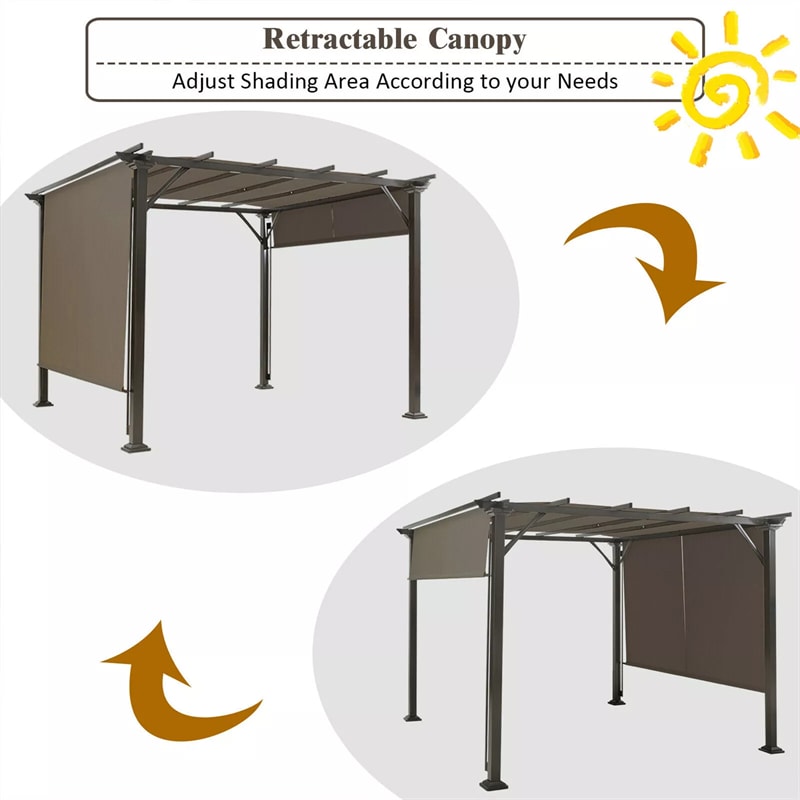 10 x 10 FT Metal Pergola with Retractable Canopy Outdoor Patio Pergola Gazebo Sun Shelter