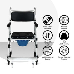 2-in-1 Foldable Shower Commode Wheelchair, Aluminum Alloy Transport Chair Toilet Bedside Wheelchair with Commode