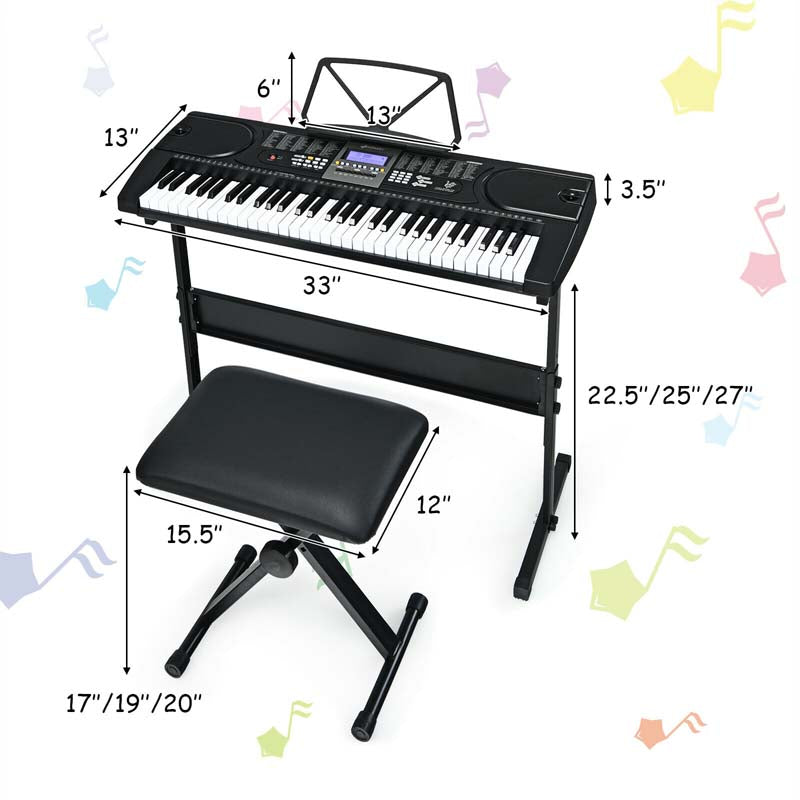 61 Key Keyboard Piano Starter Set with LCD Screen, Portable Digital Piano with Headphone, Foldable Piano Bench, Dual Power Supply
