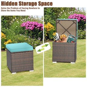 2PCS Wicker Outdoor Storage Ottomans with Removable Cushions, Multipurpose PE Rattan Footrest Side Table Seating for Patio Poolside Backyard